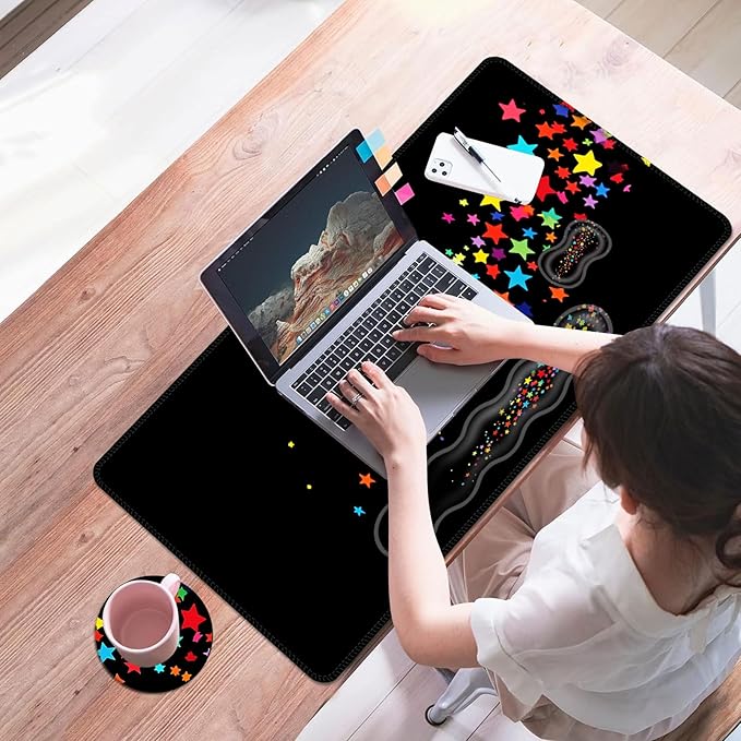 Mouse PadLarge Desk Mat Set 4in1 XL Mousepad + Keyboard Wrist Rest+Mouse Wrist Rest+Coaster with Ergonomic Desk Pad for Home Office Table Computer Cover -Rainbow Stars