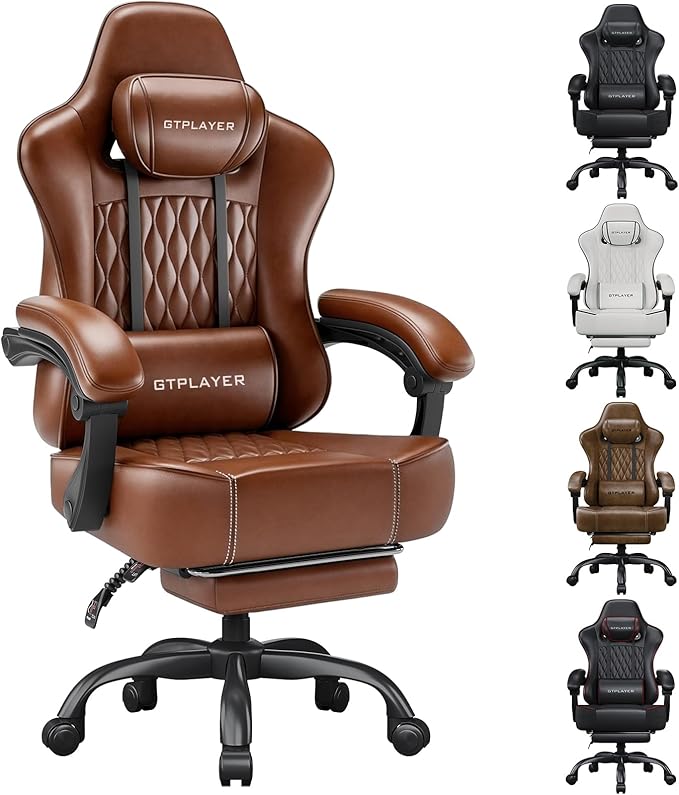 GTPLAYER Big and Tall Gaming Chair with Footrest Ergonomic Office Desk Chair with 4.4in Thick Cushion and Wide Wingless Seat Comfortable Leather Computer Chair Predator Series Chocolate Brown