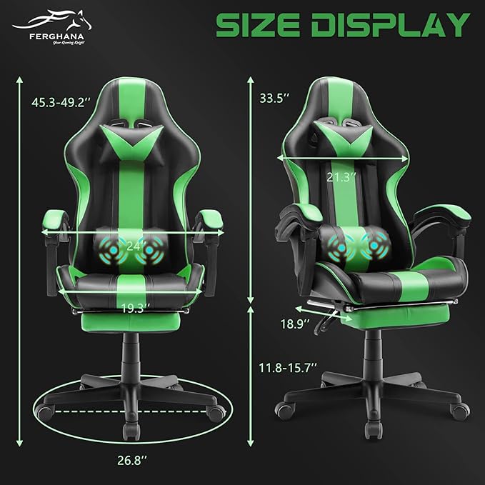 Ferghana Gaming Chairs Ergonomic Racing Style PC Game Computer Chair with Headrest Lumbar Support Adjustable Recliner PU Leather Video Computer Chair(Grass Green)