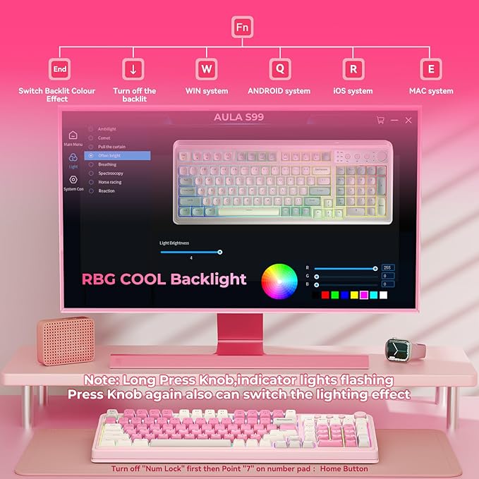 AULA 99 Key Keyboard Wireless Gaming Keyboard Bluetooth Computer Keyboards Creamy Cute with Number Pad RGB Backlit Tri-Mode BT/2.4GHz/USB-C - Pink