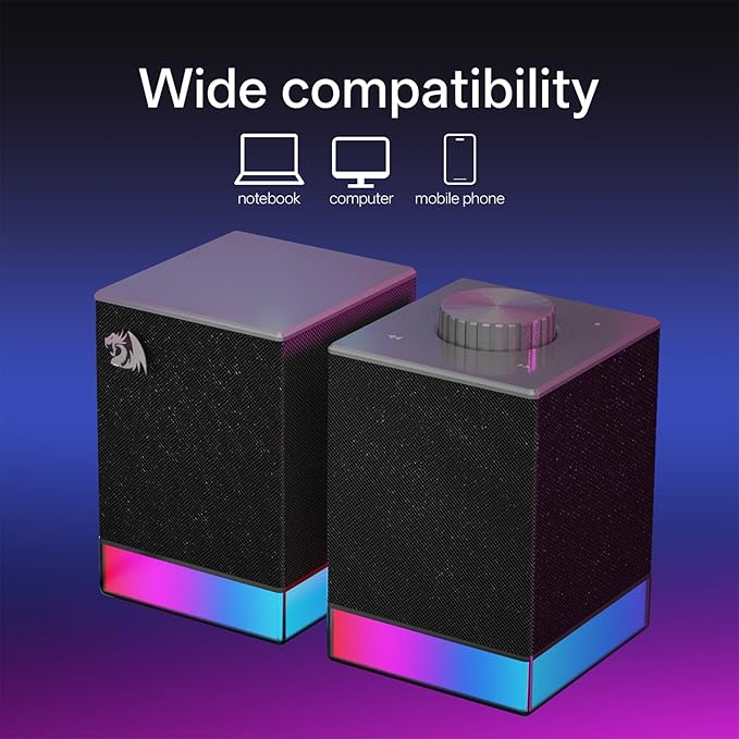 Redragon GS517 RGB Computer Speaker - 2.0 Stereo Sound System with BT &amp USB Dual Connectivity 8 RGB Lighting Effects Touch Controls &amp Volume Knob - Perfect for Gaming &amp Multimedia