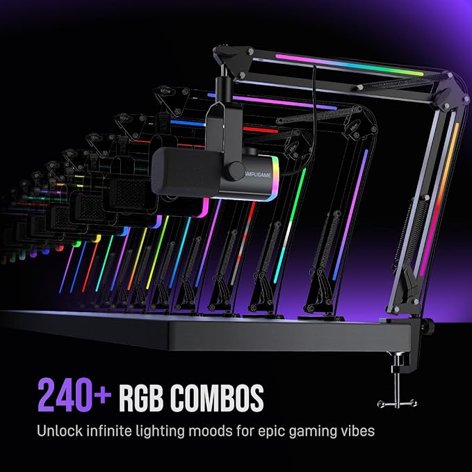FIFINE Gaming Microphone Kit XLR/USB Dynamic PC Microphone with Boom Arm for Podcast Recording RGB Streaming Mic Set Tap-to-Mute Mix Control Headphone Jack-AmpliGame AM8PROT