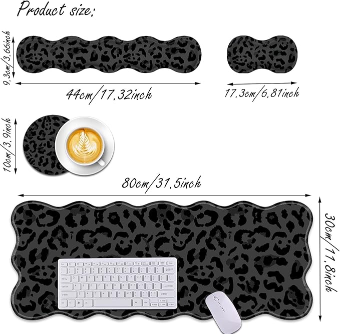 Bxgolkgd Desk Mat SetMouse Pad with Keyboard Wrist Rest &amp Mouse Wrist RestWave-Shaped DesignNon-Slip Rubber BaseErgonomic Desk Mat for HomeOfficeGamingBlack Leopard Print