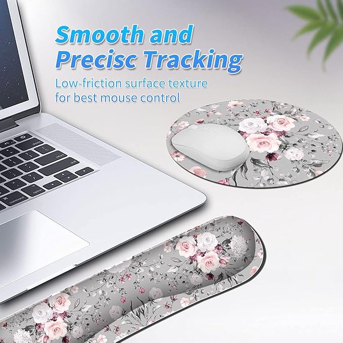 Keyboard Wrist Rest &amp Mouse Pad &amp Mouse Wrist Rest Support &amp Coaster Non Slip Rubber Base Wrist Support with Ergonomic Raised Memory Foam for Computer Laptop Home Office Pink Rose Floral