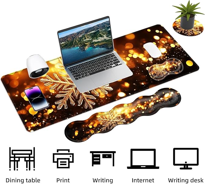 Keyboard Mouse Pad Set Extended Gaming Mouse Pad+Ergonomics Keyboard Wrist Rest Support Memory Foam Easy Typing Pain Relief 4Pcs XL Ultra Thick Desk MatGolden Snowflake Sparkling
