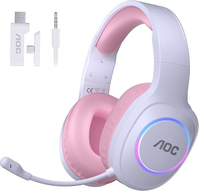 AOC Wireless Gaming Headphones with USB-C for PS5/4 Nintendo Switch PC Bluetooth 5.4 &amp 2.4GHz Gaming Headset with Noise Canceling Mic RGB 20ms Latency 45H 7.1 Virtual Surround- Pink