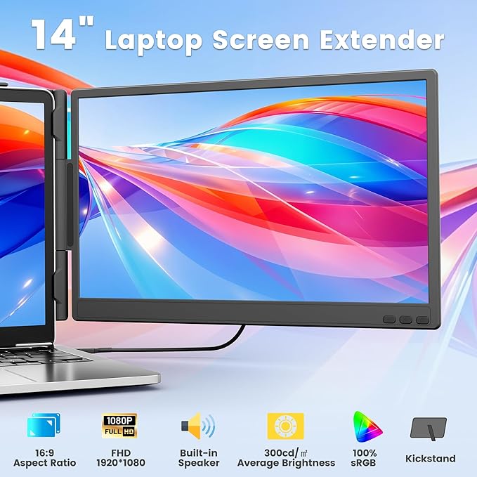 domyfan 14 Laptop Screen Extender Ultra-Thin FHD 1080P IPS Dual Portable Laptop Monitor Extender for 13-17 Laptops Plug &amp Play with HDMI/USB-A/Type-C Compatible with Windows Mac Android