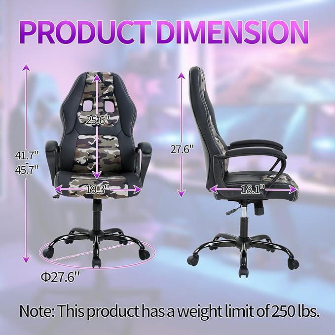 Gaming Chair Office Chair Adjustable Ergonomic High Back Massage Computer Desk Chairs with Lumbar Support PU Leather Racing Chairs Rolling Swivel for Adult &amp TeenCamo