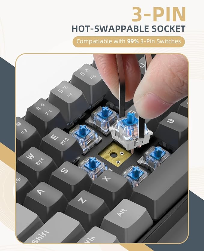 ZIYOU LANG RK68 60% Wireless Mechanical KeyboardBluetooth 5.0/2.4Ghz Dual Mode ReceiverHot-Swappable mini 68-KeyRetro Color KeycapsClicky Blue SwitchUltra Power Saving for PC PS4 Xbox iPhone ipad