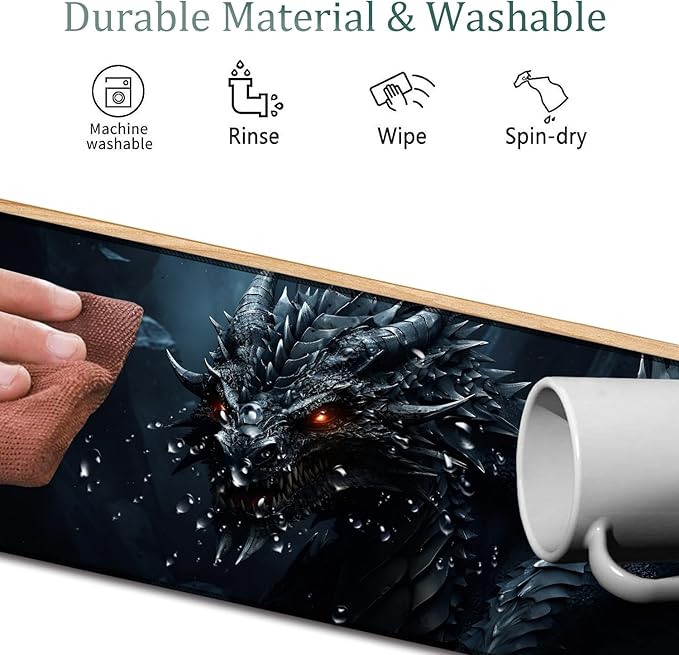 4 in 1 Mouse Pad Combo Large Gaming Mouse Pad + Keyboard Wrist Support + Mouse Wrist Rest + Coaster Table Pad 31.5 x 11.8 with Memory Foam Ergonomic Wrist Pad Set Cool Dark Dragon