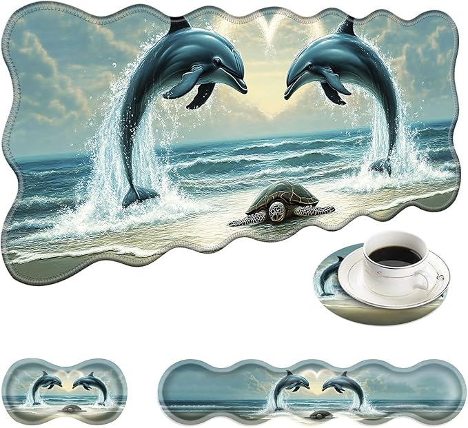 Large Mouse Pad and Keyboard Wrist Rest Desk Pad for Keyboard and Mouse 4-in-1 Large Gaming Mouse Pad with Wrist Support Desk Mat for Home Office Study Game-Dolphins and Sea Turtle