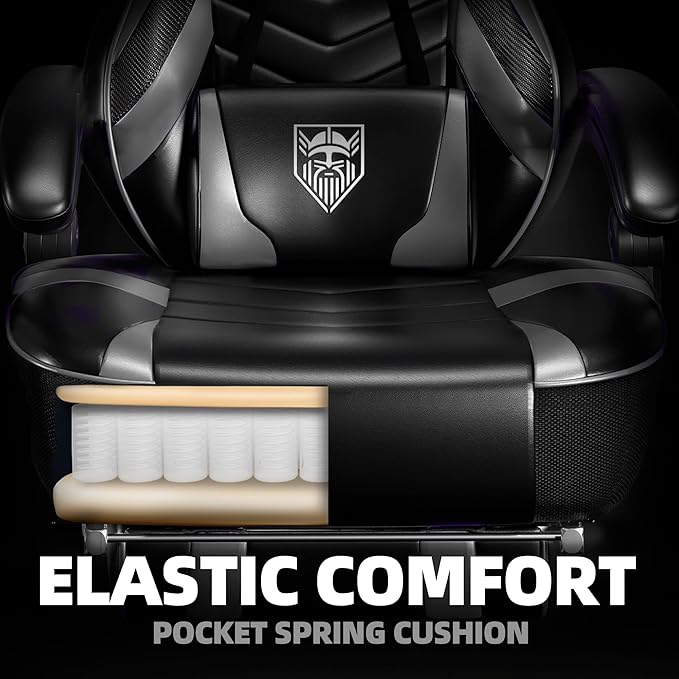 Vonesse Gaming Chair Big and Tall Gaming Chair with Footrest and Massage Gaming Chairs for Adults with Lumbar Support Ergonomic High Back Computer Chair with Pocket Spring Cushion (Grey/Black)