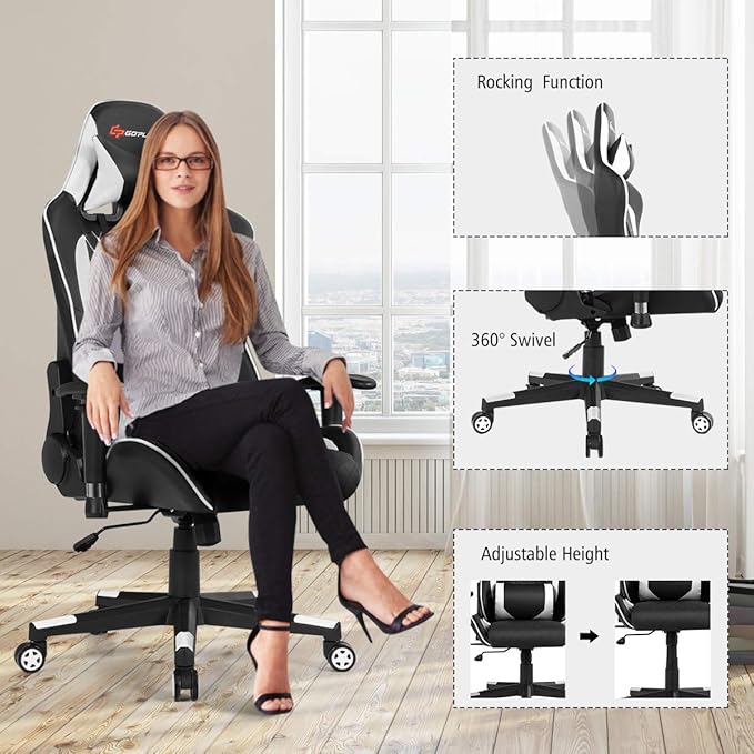 POWERSTONE Gaming Chair Gaming Recliner with Adjustable Armrest Massage Lumbar Pillow Wide Cushion Ergonomic Office Computer Chair for Adults White