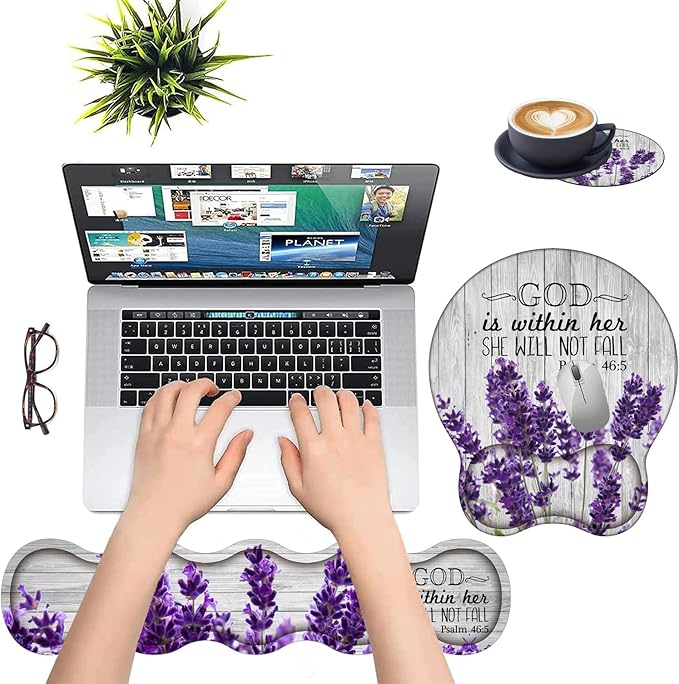 Keyboard Wrist Rest Support and Wrist Rest Mouse Pad with Non-Slip PU Base with Coaster Hook Gel Memory Mouse Pad Combo for Gaming Office Pain Relief - Psalm 46:5 Purple Lavender