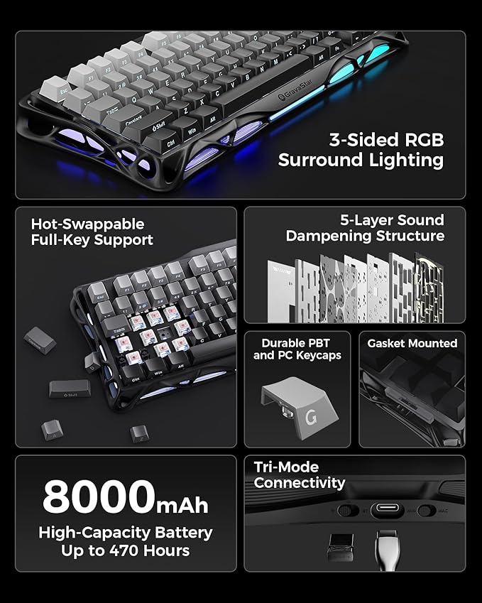 GravaStar Mercury K1 75% Wireless Mechanical Gaming Keyboard Aluminum Alloy Gasket Compact Custom Keyboard Hot-Swap Socket Linear Switches RGB Backlit - Gradient Black