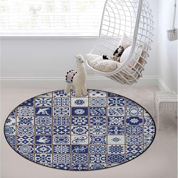 Grey Blue Round Carpet Trendy Area Rugs Non Slip Soft Floor Carpet for Indoor Bedroom Living Room Bathroom Kitchen Floor Mat Tiles in Modern Shades Artwork Print Diameter 51 in