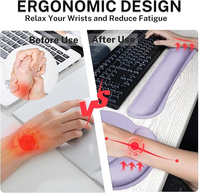 Britimes Purple Keyboard Mouse Pad Set 4 in1 Large Mousepad+Keyboard Wrist Rest+Mouse Wrist Rest+Coaster Ergonomic Design for Home Office Computer 35.4x15.7Inches