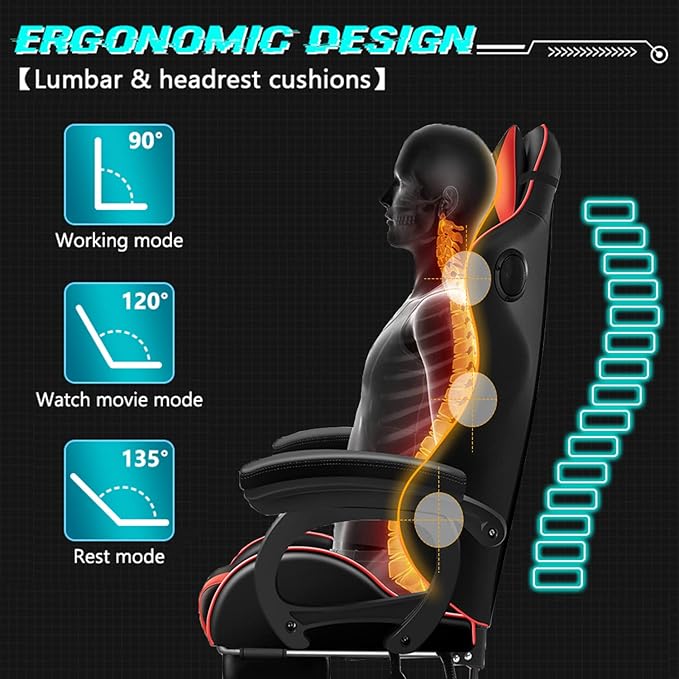 XOOFMASS Gaming Chair with Bluetooth Speakers Video Game Chairs with LED Lights Ergonomic Gaming Chair with Full Massage Lumbar Support 360°Swivel Massage Office Computer Chair for AdultsWhite