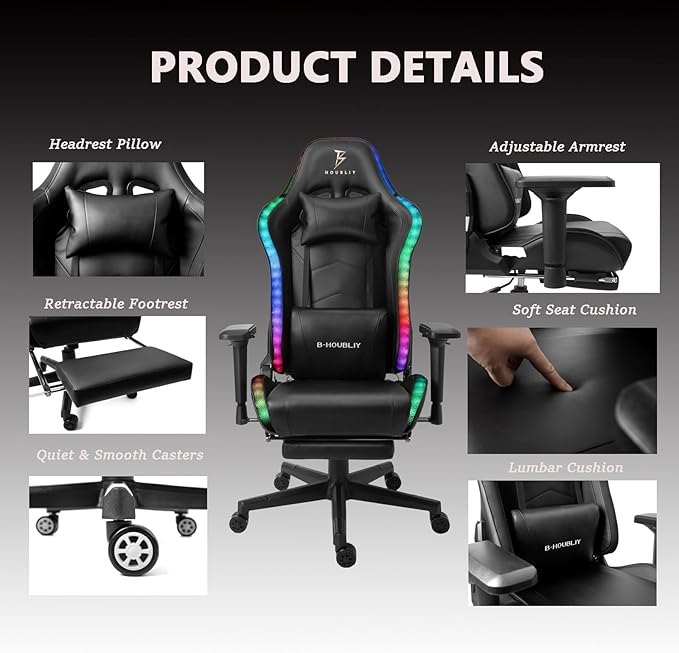TBQATNTS RGB Gaming Chair with Bluetooth Speakers Black Massage Reclining Gaming Chair with Footrest 4D Handrail Lumbar Support Ergonomic Gaming Computer Chair for AdultsRed