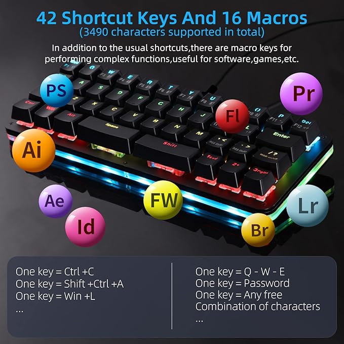 Koolertron 42-Key 40% Macaro Gaming Keyboard - Compact RGB Backlit Mechanical Keypad Hot-Swappable USB-C Programmable Mini Keyboard for PC/Mac Gamers (Fully Customizable)