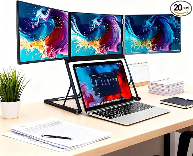15.6 Laptop Screen Extender Monitor Portable Tri-Fold Monitor for Laptop 15.6 Inch FHD 1080P Triple Display with Type-C &amp HDMI &amp USB-C 360° Adjustable for Mac/Windows/Linux
