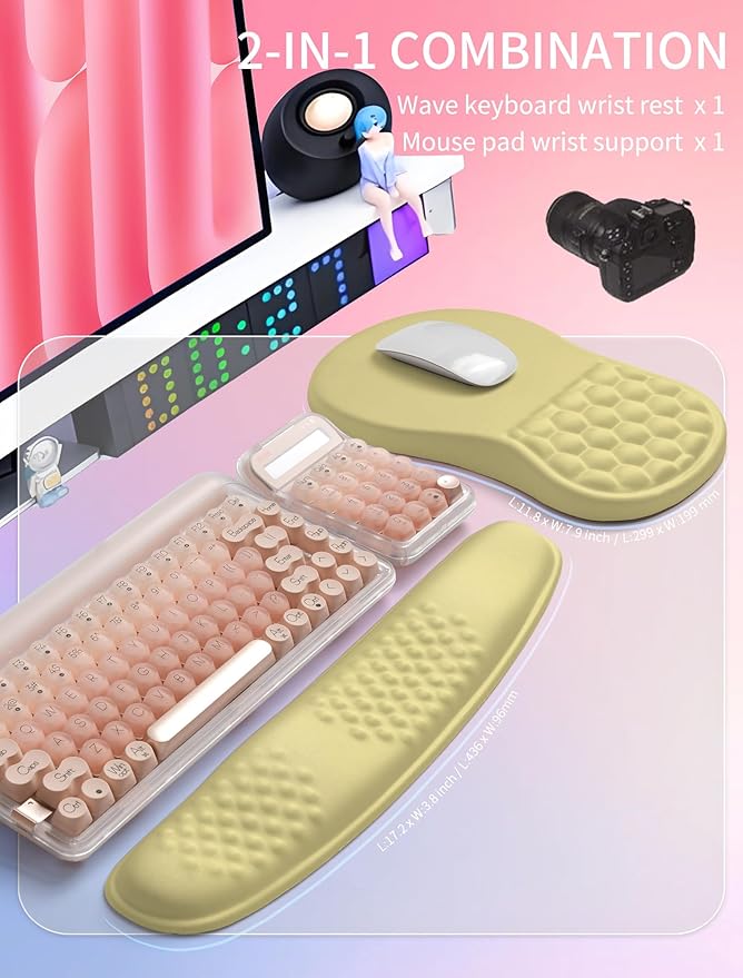 Hokafenle 2in1 Combination Wave Keyboard Wrist Rest and Ergonomic Curvature Mouse Pad Wrist Support for Relieve Wrist Pain Filled with Soft Cushion Memory Foam Butter Yellow