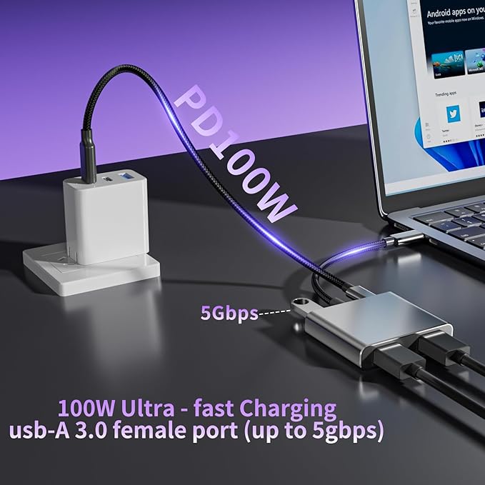 USB C to Dual HDMI Adapter | 4K@60Hz HDMI Splitter Extended Display for Dual Monitors Multi-Monitor Adapter with USB and 100W PD Windows Allows 3 Separate Screens macOS Only Allows Mirror Mode
