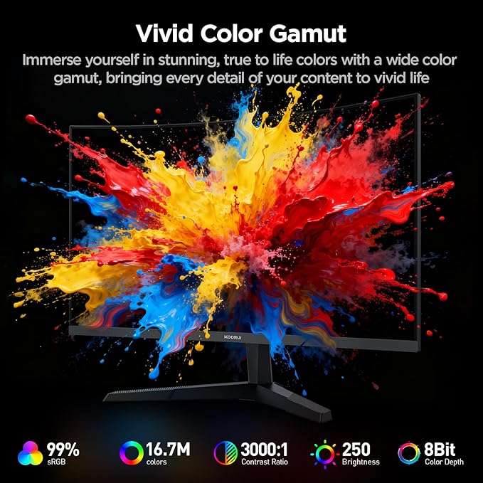 KOORUI 27 Inch Curved Gaming Monitor Full HD 1080p 1500R 180Hz Computer Monitor 99% sRGB Adaptive Sync Display Port 1.2x1 &amp HDMI 2.0x2 Eye Care VESA Compatible Black 27E6CA