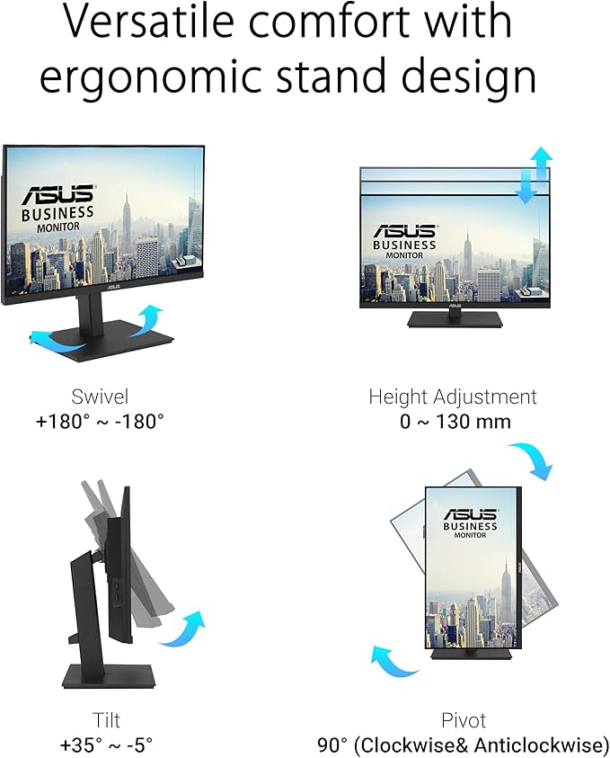 ASUS 23.8” 1080P Docking Monitor (VA24ECPSN) - Full HD IPS 75Hz Adaptive-Sync Speakers Eye Care Low Blue Light Flicker Free USB-C RJ45 HDMI Frameless Height Adjustment VESA Wall Mountable