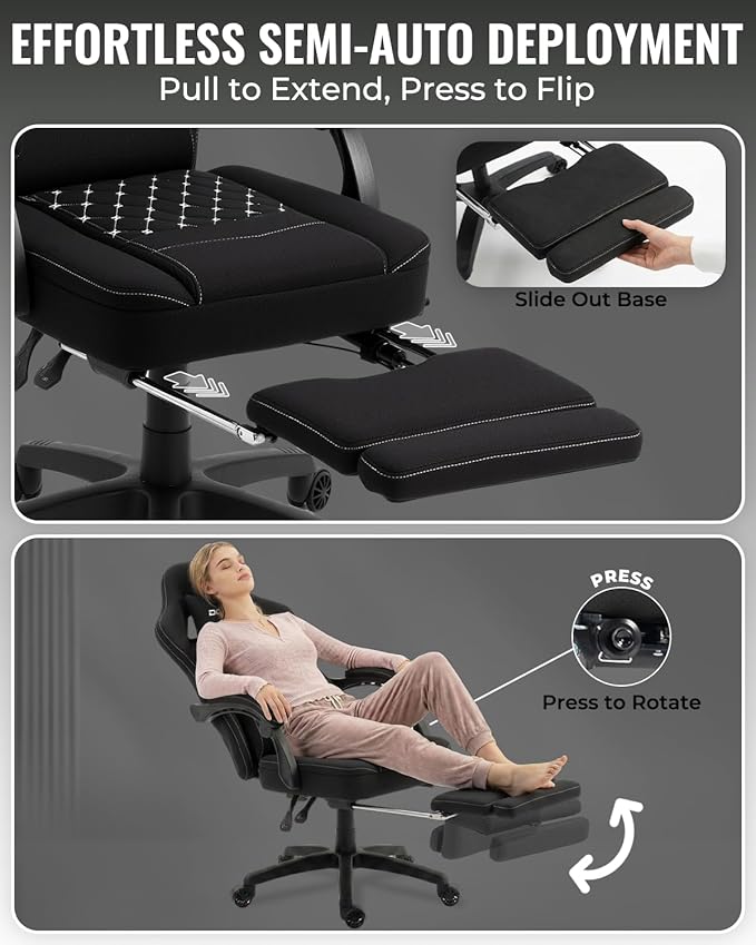 Dowinx Gaming Chair Breathable Fabric Game Chair with Gel Pad and Storage Bag Comfortable Gamer Chair with Pocket Spring CushionErgonomic Computer Chair with FootrestBlack and White