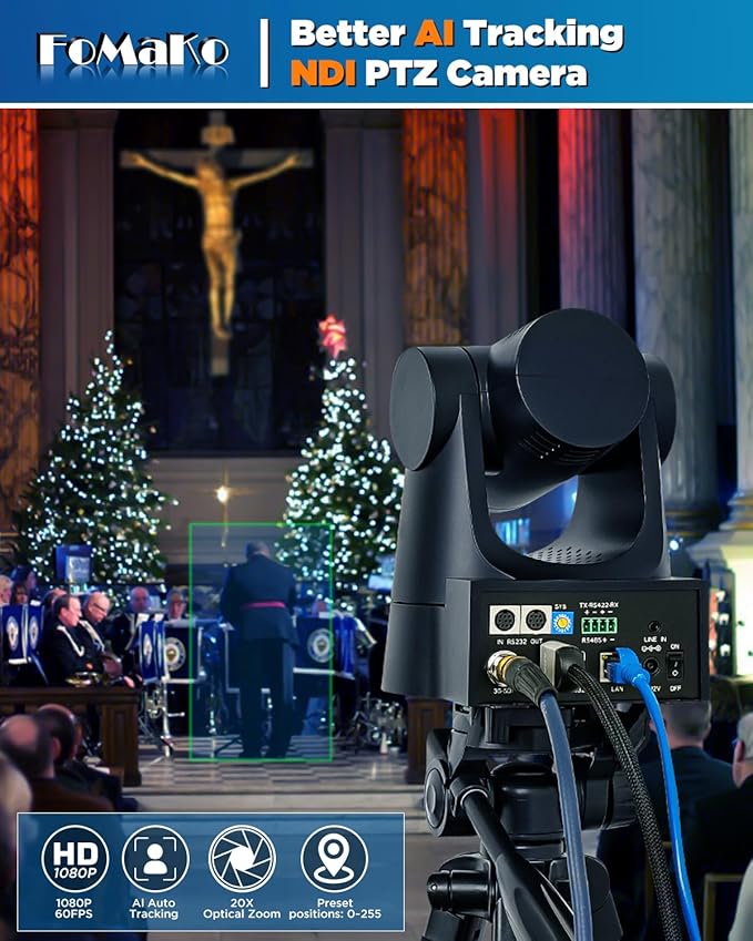FoMaKo NDI PTZ Camera AI Auto-Tracking Gen 3 20x Optical Zoom HDMI PTZ Camera for Church Worship Education Events (NDI 6 &amp NDI HX3 Certified)(KN20A Pro Black)