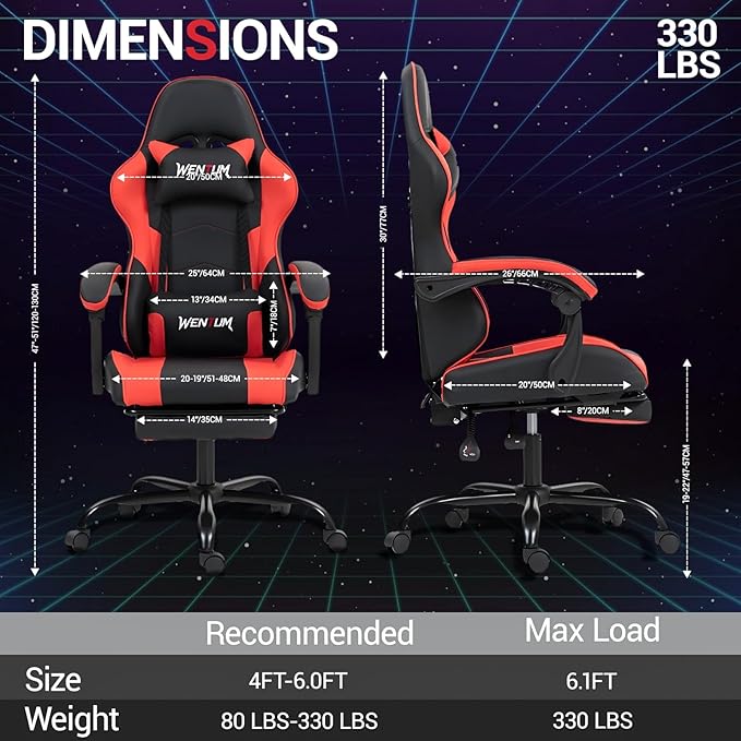 Gaming Chair with Footrest for Adults - PU Leather Video Game Chair w/Massage Lumbar Support for Men Women Ernogomic Computer Gamer Chair for Home Office Height Adjustable Red