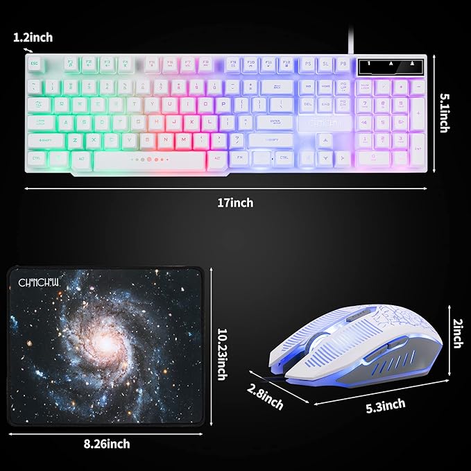 Gaming Keyboard and Mouse Wired CHOCNHOW White Keyboard Rainbow BacklitLight Up Keys Multimedia Keys Waterproof Compatible with PC Laptop Xbox Ps4/Ps5 Work/Gamer