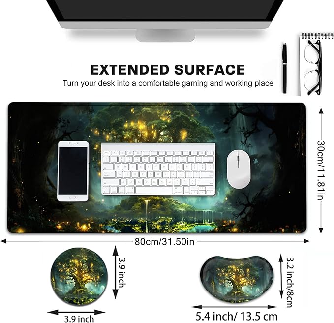 Large Mouse Pad with Mouse Wrist Rest 31.5x11.8 in Extended Mouse Mat with Non-Slip PU Base Ergonomic Memory Foam Wrist Rest for Work &amp Gaming Writing Pad Tree of Life Pattern Office Desk Pad