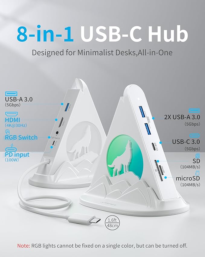 USB C Hub 8 in 1 USB C Hub Multiport Adapter with 4K HDMI PD 100W 5Gbps Type C 3.0 3xUSB A 3.0 SD/TF Card Reader&amp RGB Lighting White Docking Station for MacBook Air/Pro HP Laptop PC(Wolf)