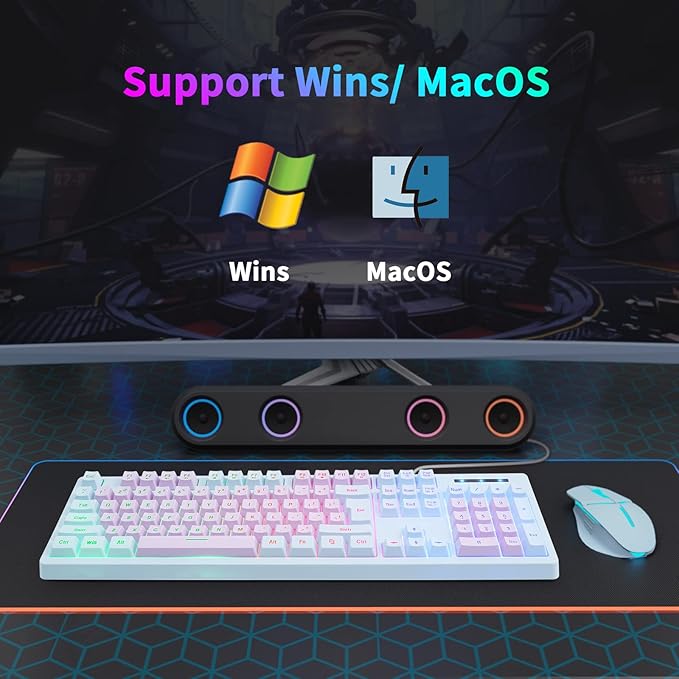 HUO JI Gaming Keyboard USB Wired with Rainbow LED Backlit Floating Keys Mechanical Feeling Spill Resistant Ergonomic for Xbox PS Series Desktop Computer PC Purple Blue