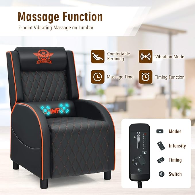 POWERSTONE Gaming Chair Recliner with Footrest Breathable PU Leather Massage Recliner - Ergonomic Sofa Computer Chair with Lumbar Support Headrest and Side Pouch for Living Room Home TheaterOrange
