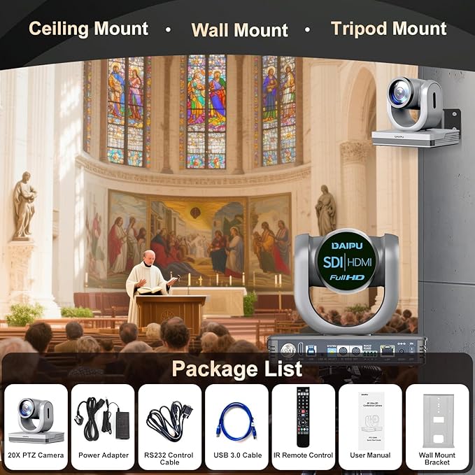 PTZ Camera 20X Optical Zoom 60fps HDMI USB SDI LAN PoE AI Auto Tracking PTZ Conference Camera for Church Live Streaming Video Conference Event Education Broadcast with Youtube Facebook Live Zoom