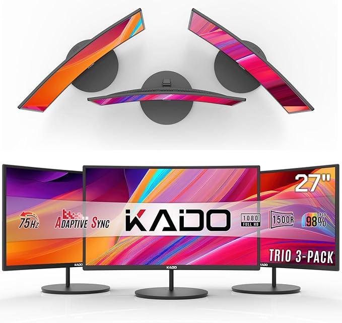 Kado Triple Monitor Setup - 3-Pack 27 Curved 1920x1080 Computer Monitor 1500R 75Hz VESA Mount HDMI Office Gaming Hybrid Built-in Speakers (C27X Trio Series)