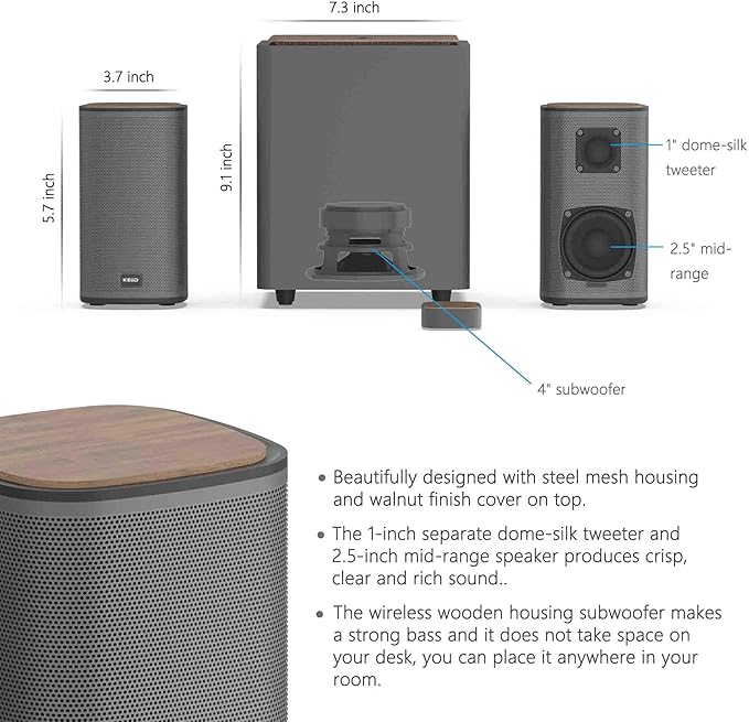 KEiiD 2.1 Bluetooth Computer Speakers with Wireless Subwoofer and Wireless Touchpad for Desktop Laptop Pc Stereo Gaming Speakers 4 EQ Modes Aesthetic Style with Great Sound Quality