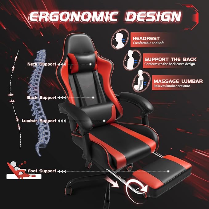 Shahoo Gaming Chair Video Gaming Chair with Footrest and Lumbar Support Ergonomic Computer Chairs with 360° Swivel and Height Adjustable Spin Chair with Headrest for Home Office Study Room (Red)
