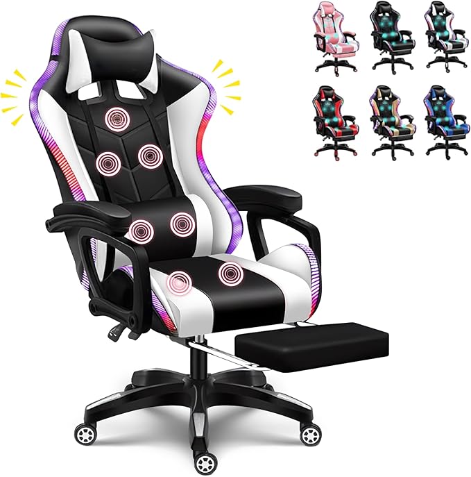 LED Gaming Chair Computer Gaming Chair with Bluetooth Speakers and RGB Lights Full Massager Gamer Chair Swivel Recliner Ergonomic Lumbar Support Video Game Chair for Adults TeensWhite