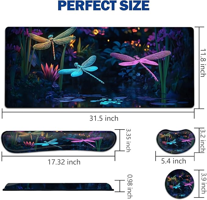 Large Mouse Pad + Keyboard Wrist Rest Set Extended Gaming Mousepad (31.5X11.8 inch) with Non-Slip Rubber Ergonomics Memory Foam Mouse Wrist Rest Support Dragonfly Colorful XXL Desk Pad