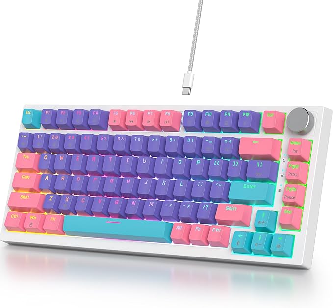Guffercty kred 75% Gasket Mounted Gaming Keyboard Hot Swappable 82 Key RGB Backlit Wired TKL Mechanical Keyboard with Knob &amp Programmable Macros Custom Linear Switch for MAC Win (82 Purple)