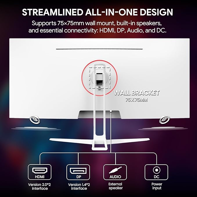 CRUA 34'' White Gaming Monitor 165HZ/144HZ WQHD(3440x1440P) IPS UltraWide Screen Computer Monitors with Built-in Speakers Supports FreeSync 120% sRGB HDMI 2.0 &amp DP 1.4 Wall Mountable Install