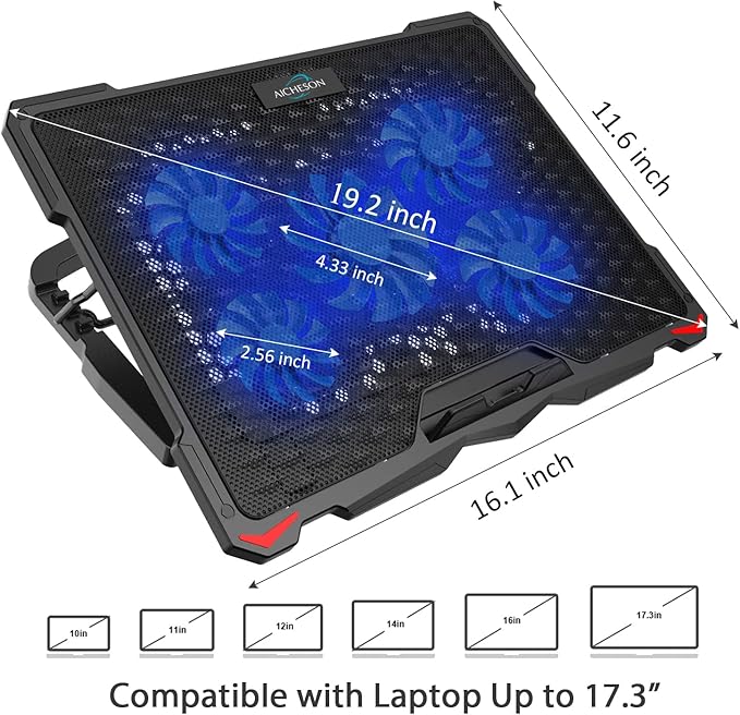 AICHESON S035 5 Fans Blue Light Laptop Cooling Pad and 2 Pack Type A Male to Type A Male Cable Combination Set