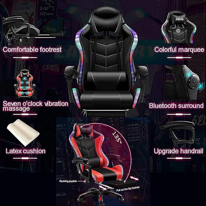 Gaming Chair with LED Light/Pro Gaming Chair with Bluetooth Speakers Full Massager Lumbar Support and Bluetooth Speaker Video Gaming Chairs LED Lights Load-Bearing 150KGWhite