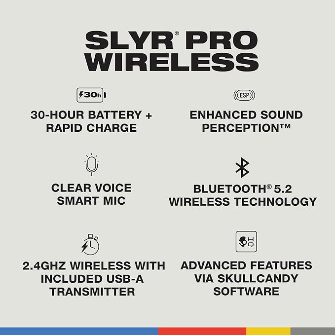 Skullcandy SLYR Pro Wireless Multi-Platform Gaming Headset Bluetooth Headphones Up to 24 Hrs Battery PC PlayStation Nintendo Switch 2.4GHz Low Latency Wireless Transmitter Included - White/Blue