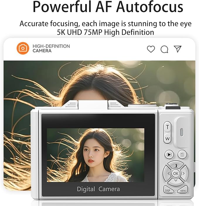 5K 75MP Digital Camera 18X Digital Zoom Upgraded Vlogging Cameras with WiFi &amp Mic Wide Angle &amp Macro Lens 3 180°Flip Screen Webcam Travel Cameras for Teens Beginner with 64GB Card HDMI