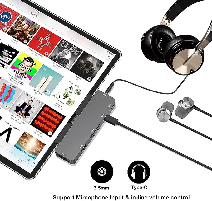 Adapter for iPad Pro USB C Hub M4 M2 M1/iPad Air 4/5/6/iPad Mini 6 7in1 Adapter with 4K HDMI3.5mm JackUSB3.0PD 100WSD/TFUSB-C 3.0 DataiPad Accessories